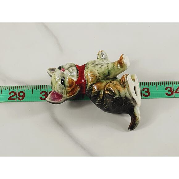 Mini Cat Kitten Kitty w/ Red Bow Figurine Green Eyes Porcelain 3" Year 80's Vtg - Picture 12 of 12